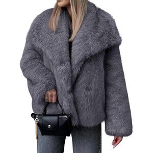 Women's Faux Fur Coat Winter Shaggy Casual Oversized Lapel Jacket Warm Dark Grey